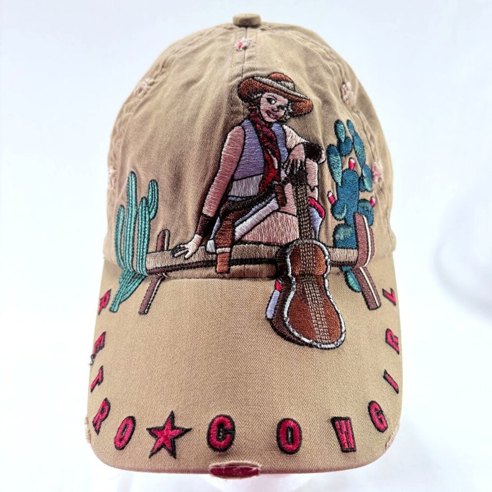 Retro Cowgirl Embroidered and Distressed Strapback Womens Tan Baseball Hat